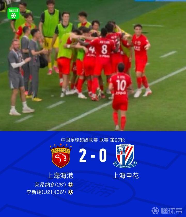 海港2-0战胜申花，莱昂纳多与李新翔双双进球