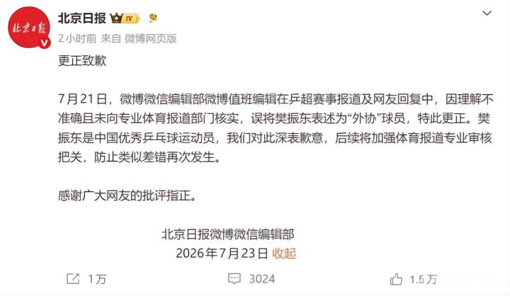 北京日报就误将樊振东称作 “外协” 球员致歉：系理解不准确